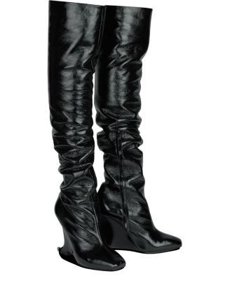 Balmain Women's Thigh-High Wedge Boots in Crinkled Patent Leather