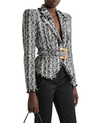 Balmain Two-Tone Tweed Belted Jacket