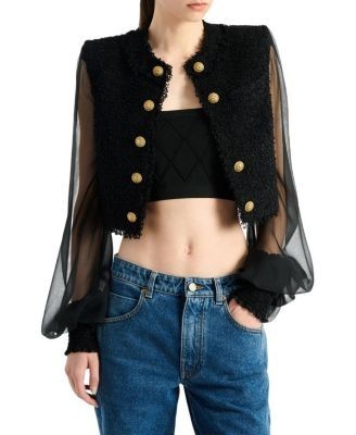 Balmain Cropped Tweed and Muslin Jacket