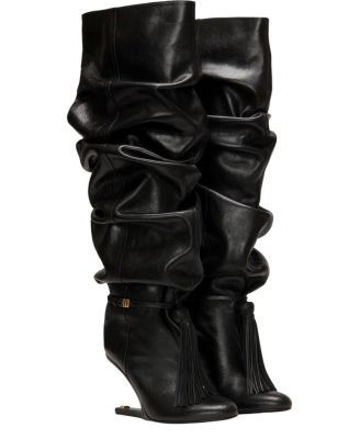 Balmain Women's No Wedge Textured Leather Thigh-High Boots with Tassel
