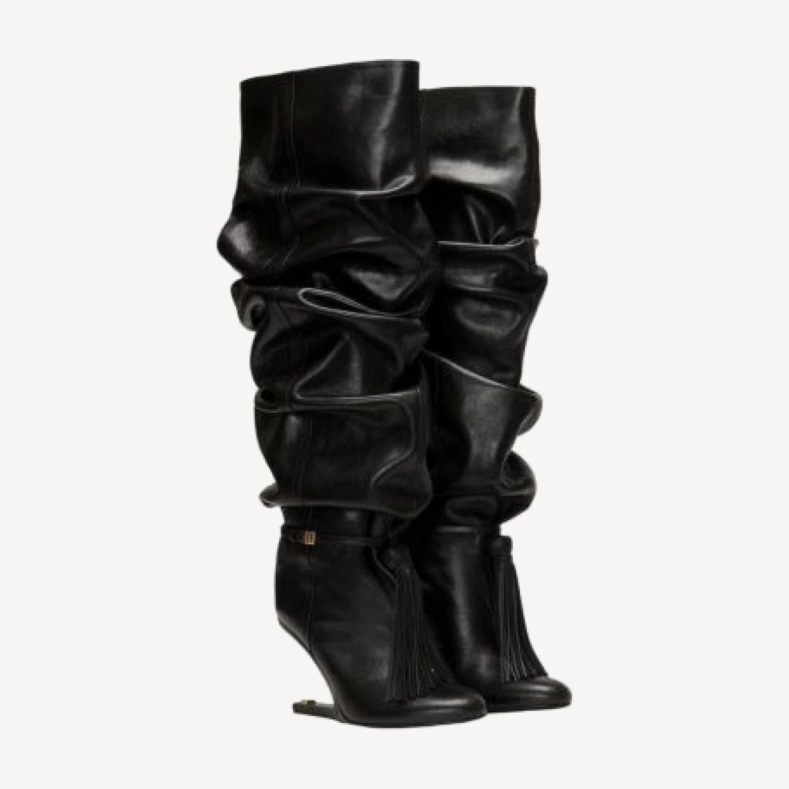 Balmain Women's No Wedge Textured Leather Thigh-High Boots with Tassel