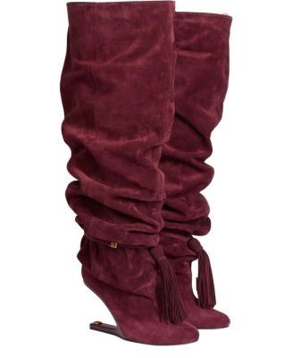 Balmain Women's No Wedge Suede Leather Thigh-High Boots with Tassel