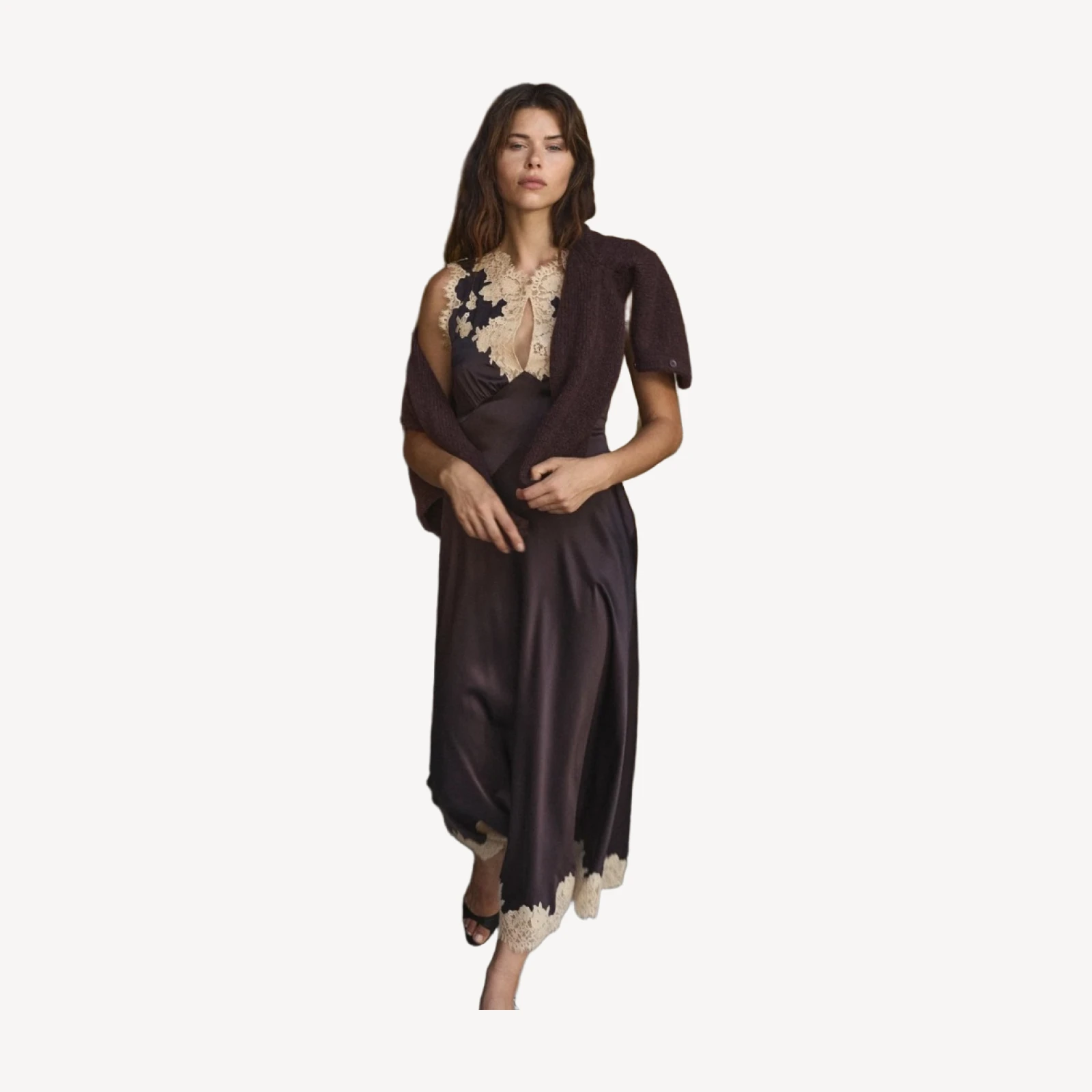 JULITTA DRESS -- EQUESTRIAN BROWN WITH CREAM LACE