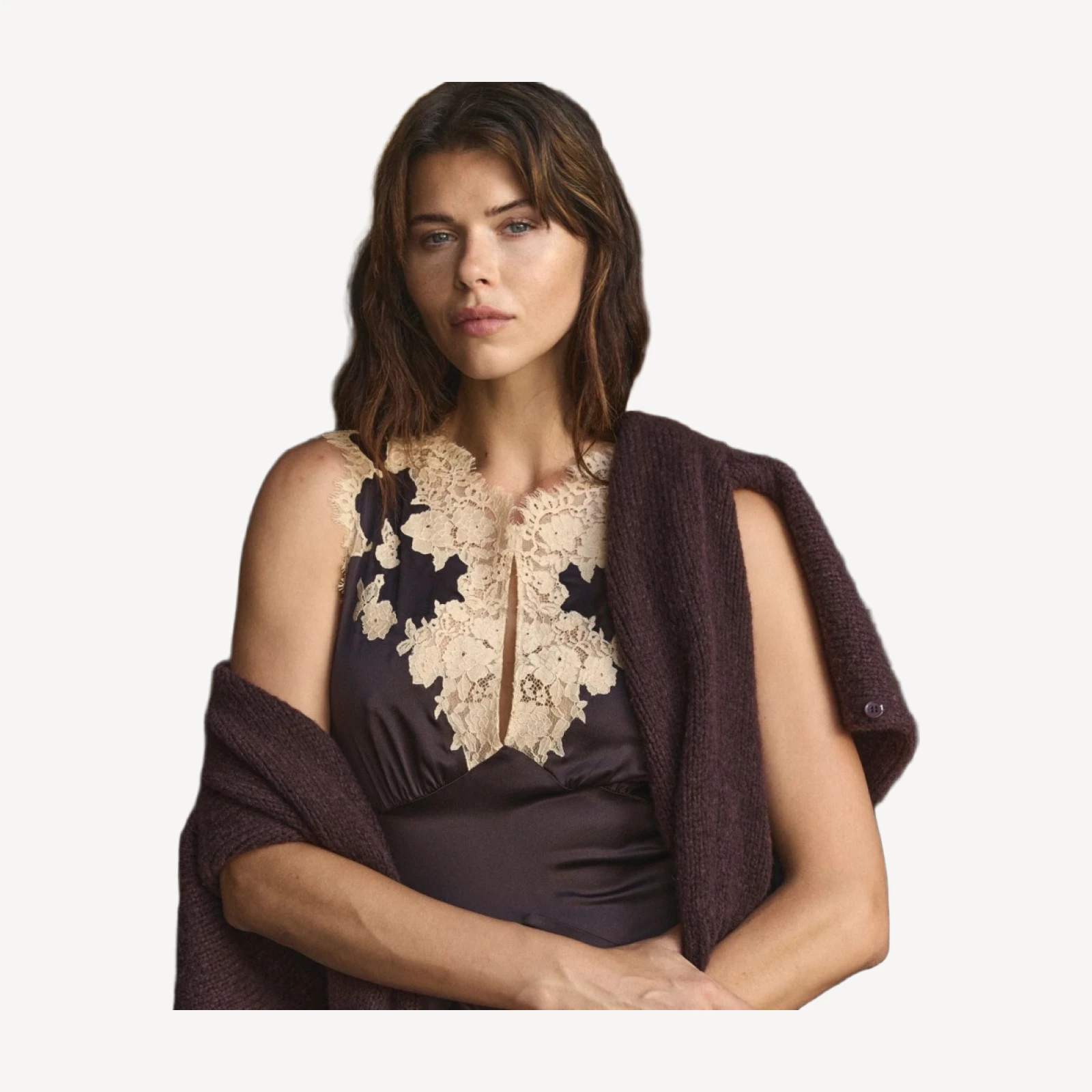 JULITTA DRESS -- EQUESTRIAN BROWN WITH CREAM LACE