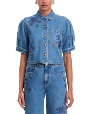 Cinq a Sept Heatset Roses Denim Halsie Top