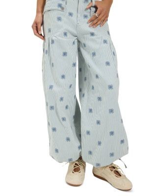 Free People Lotus Embroidered Railroad Stripe Balloon Jeans in Indigo Rain