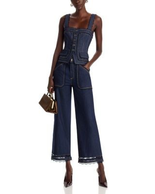 Cinq a Sept Benji Guipure Lace Trim Mid Rise Wide Leg Jeans in Indigo