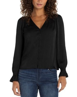Liverpool Los Angeles Long Sleeve Button Front Woven Top with Smocking