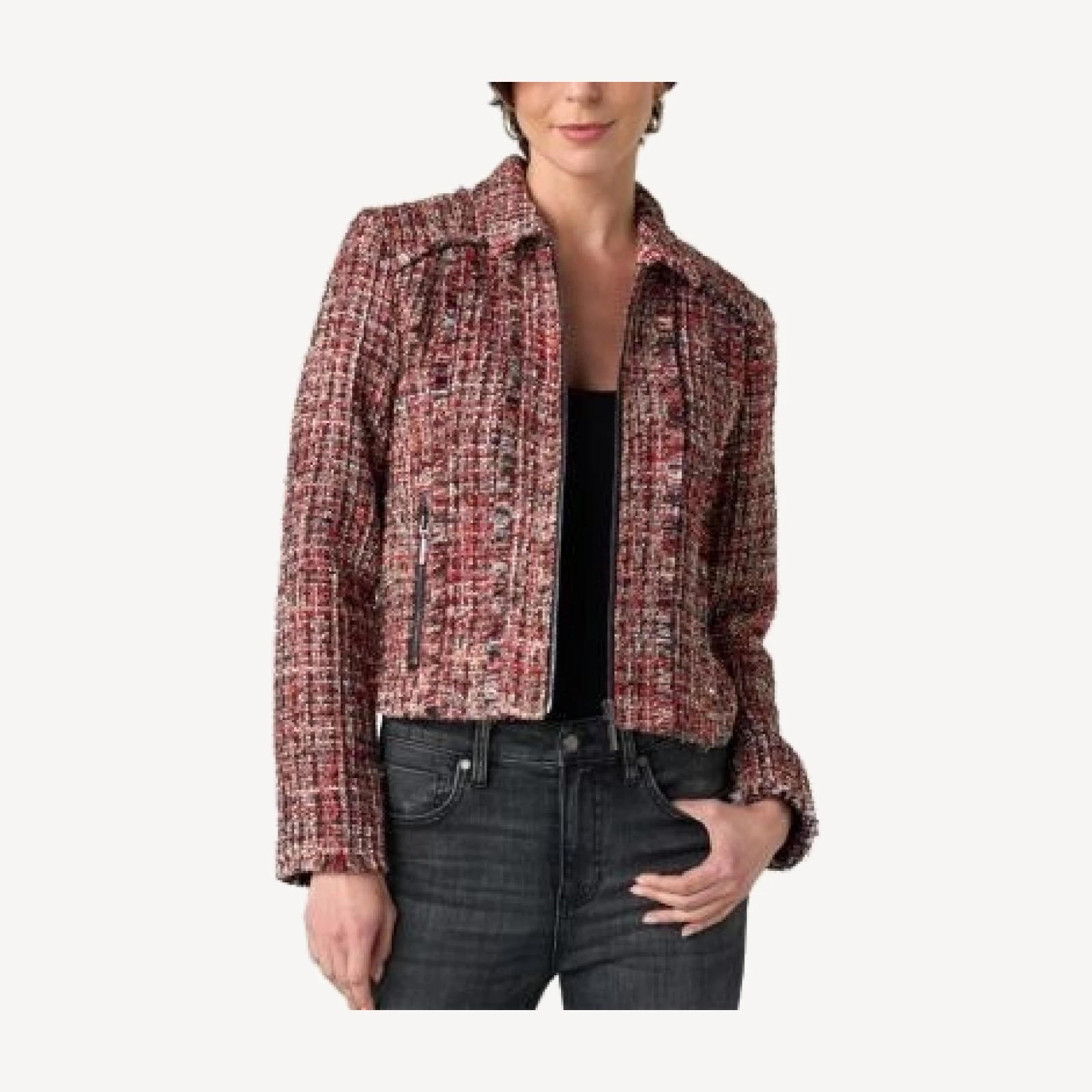 Liverpool Los Angeles Zip Front Fringe Trim Tweed Jacket