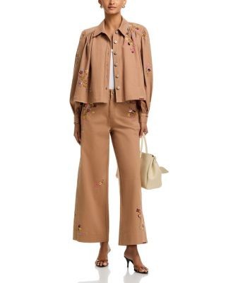 Cinq a Sept Wildflower Embroidered Lyla Jean Jacket in Sandstone