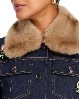 Cinq a Sept Lexie Baroque Patches Faux Fur Collar Denim Jacket