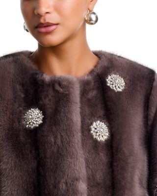 Cinq a Sept Pearl Drop Rhinestone Embellished Faux Fur Coat