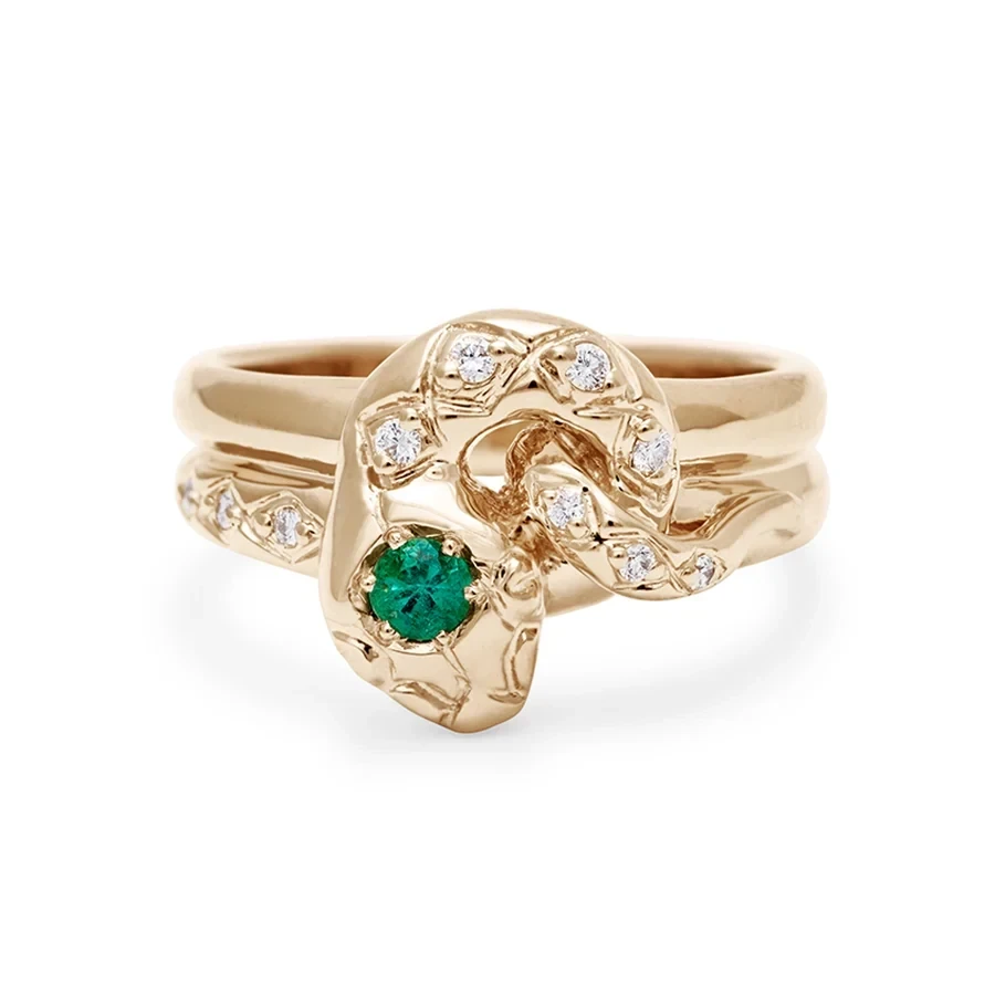 Diamond Dusted Victorian Serpent Ring - 14k Gold, Emerald & White Diamonds