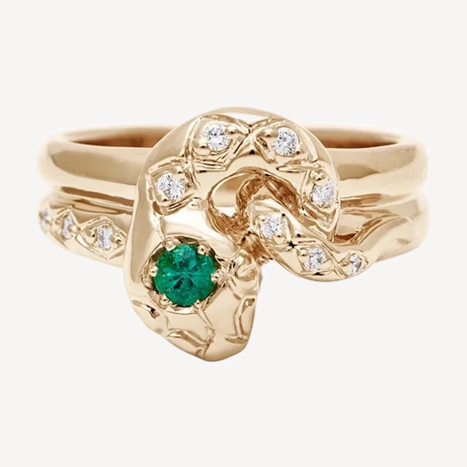 Diamond Dusted Victorian Serpent Ring - 14k Gold, Emerald & White Diamonds