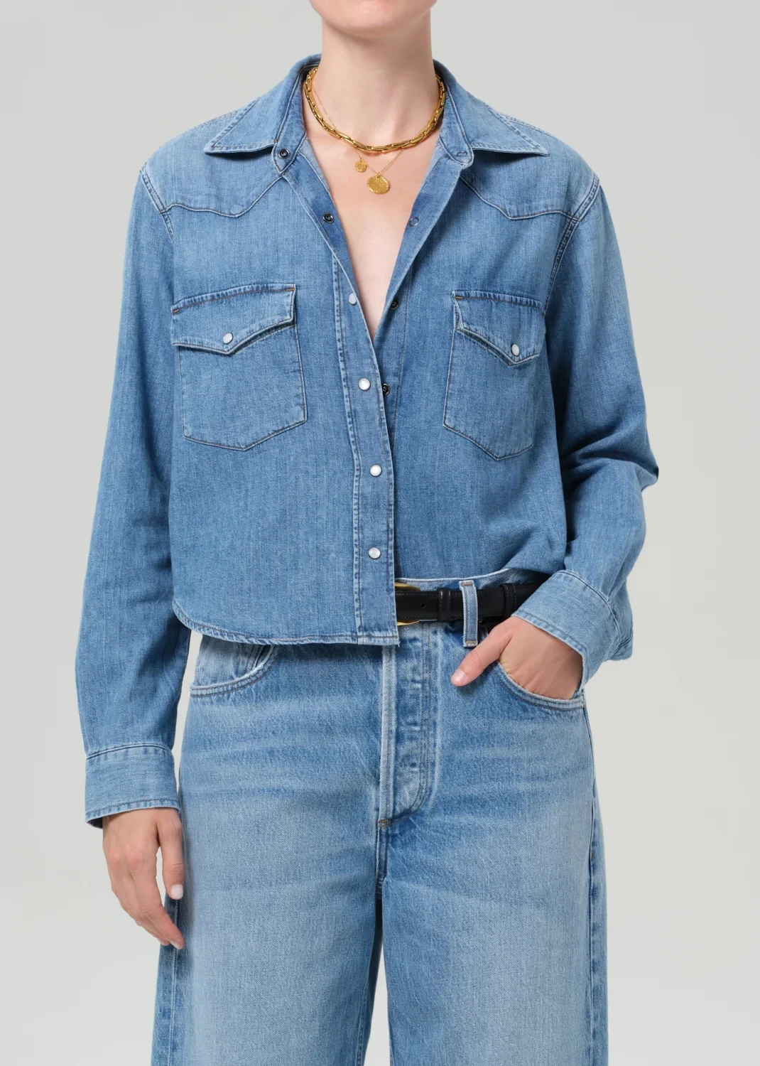 Cropped Western Japanese Denim Shirt in Carolina Blue