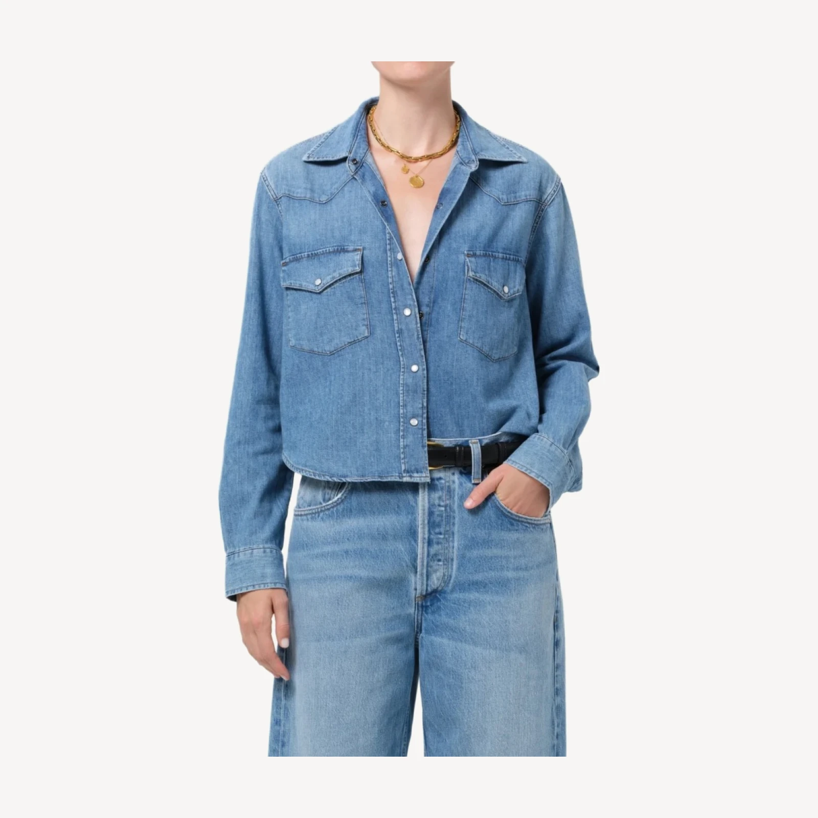 Cropped Western Japanese Denim Shirt in Carolina Blue