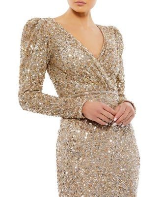 Mac Duggal Puff Shoulder Sequined Surplice Gown