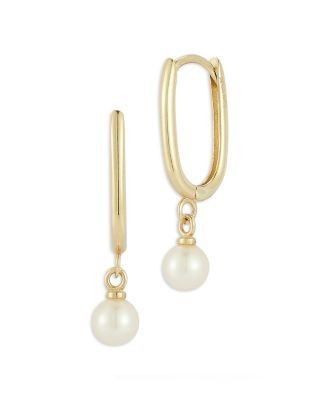 Bloomingdale's Fine Collection Freshwater Pearl Charm Oval Hoop Earrings in 14K Yellow Gold