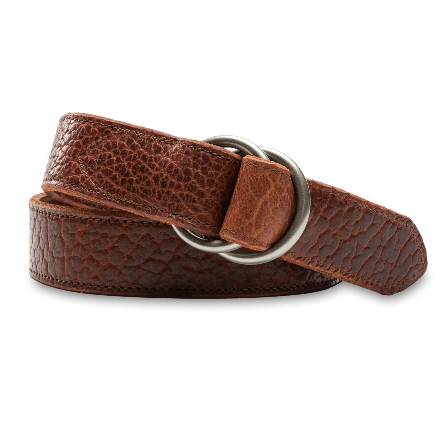 Pebbled Bison Leather O-Ring Belt - Dark Brown
