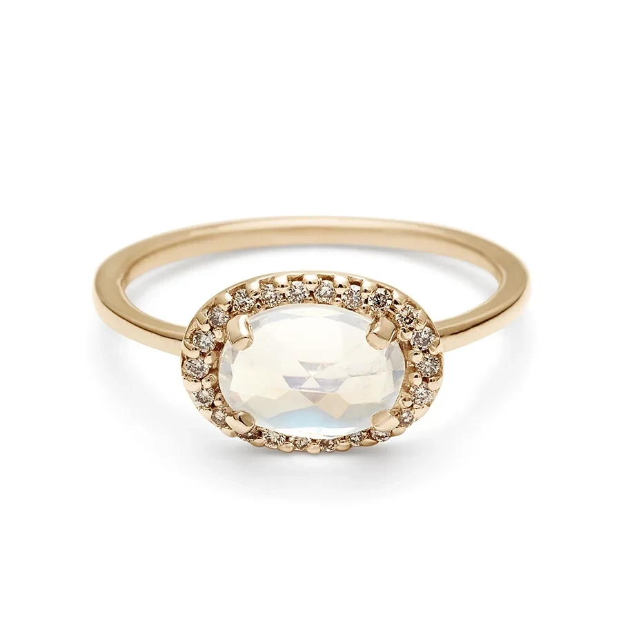 Pavé Amulet Ring - 14k Gold, Rainbow Moonstone & Champagne Diamond