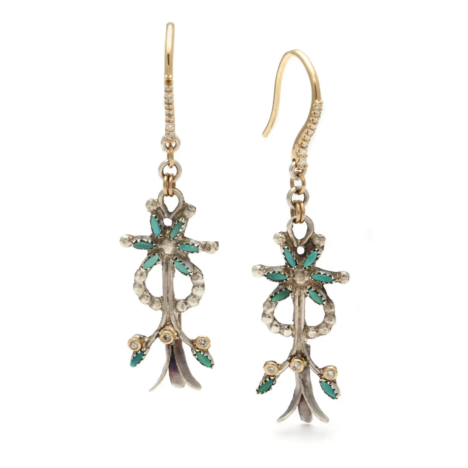 Vintage Squash Blossom Drop Earrings - Silver, Yellow Gold & Grey Diamonds