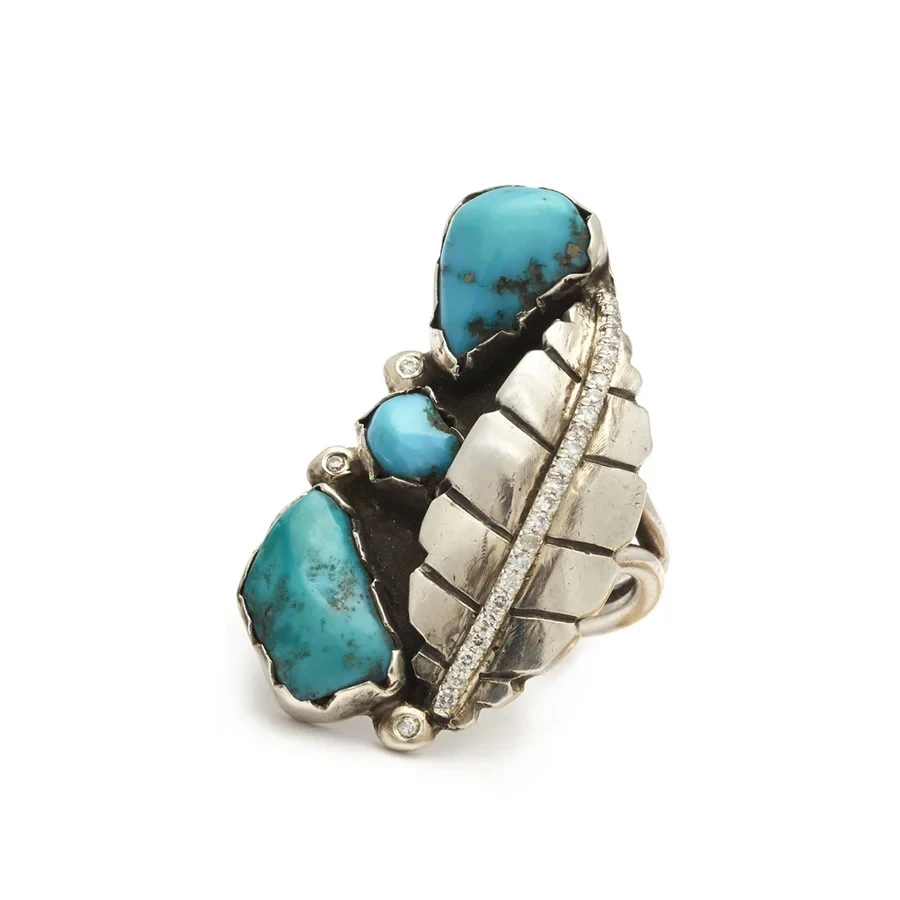 Turquoise Leaf Ring - Silver & Grey Diamonds