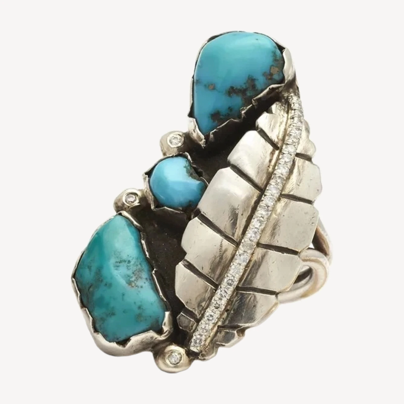 Turquoise Leaf Ring - Silver & Grey Diamonds