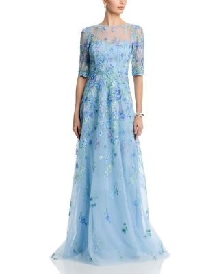 Teri Jon by Rickie Freeman Embroidered Tulle Elbow Sleeve Gown