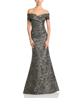 Teri Jon by Rickie Freeman Metallic Leaf Jacquard Off-the-Shoulder Gown