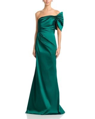 Teri Jon by Rickie Freeman Taffeta One Shoulder Bow Gown