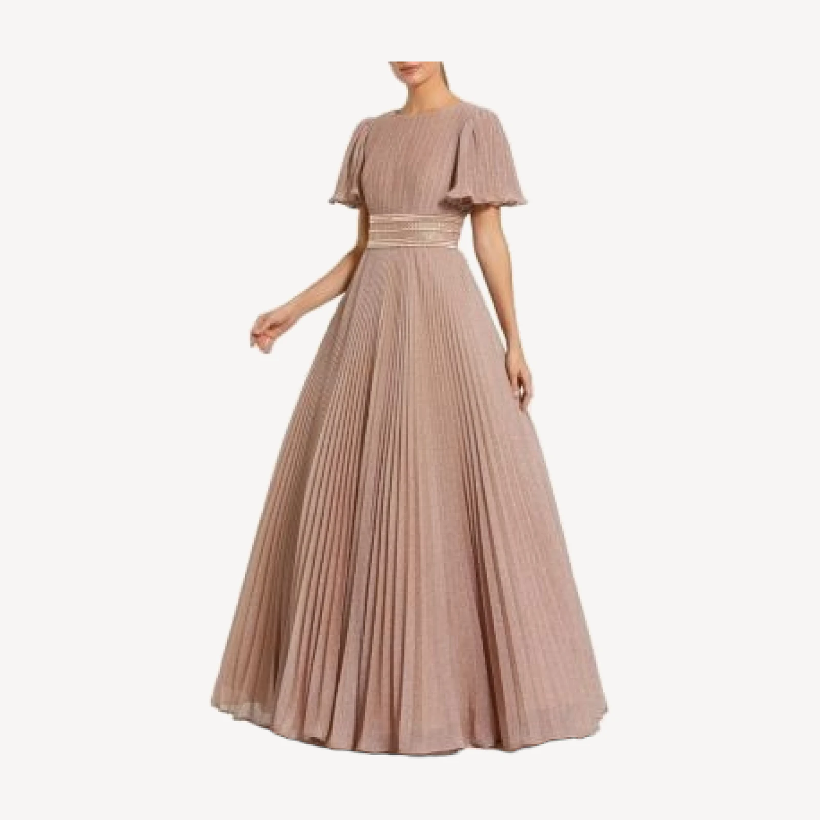 Mac Duggal Pleated Shimmering Georgette Flutter Sleeve Gown