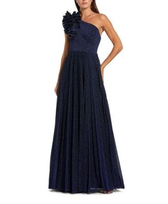 Mac Duggal Pleated Metallic One Shoulder Gown with Ruffle