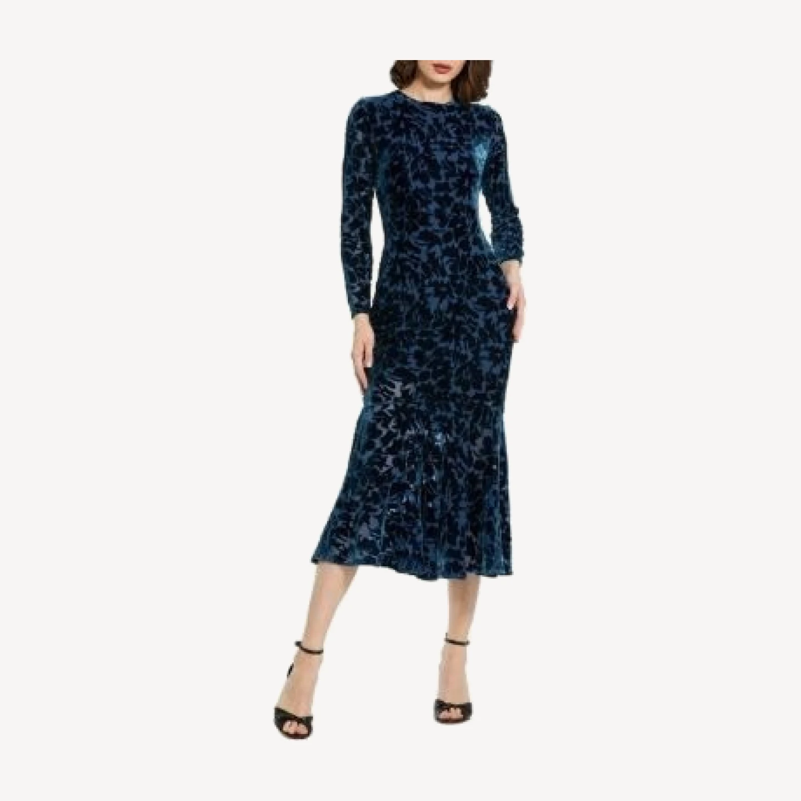 Mac Duggal Burnout Velvet Long Sleeve Ruffle Hem Midi Dress