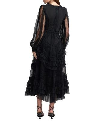 Mac Duggal Long Sleeve V Neck Mesh Micro Ruffle Midi Dress