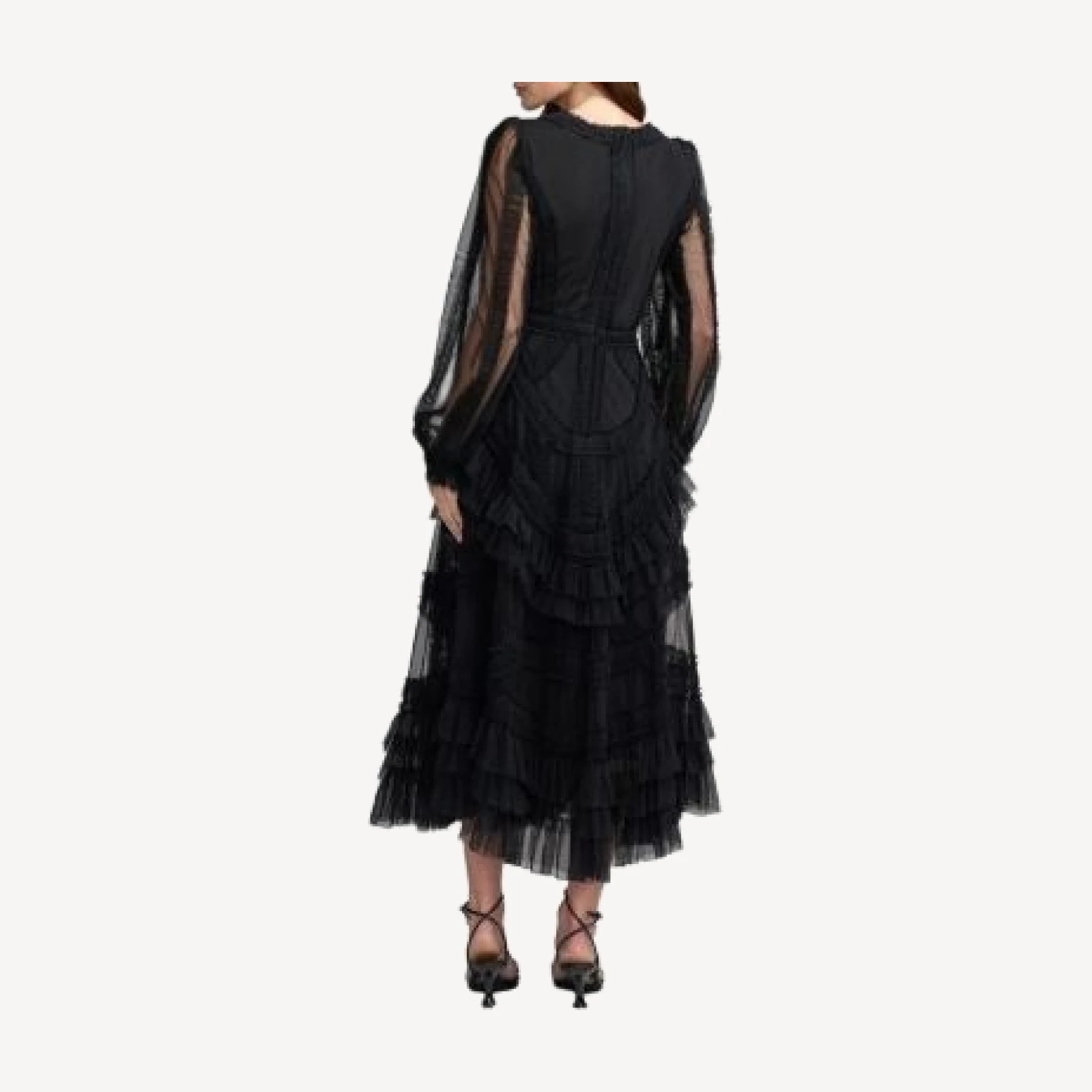 Mac Duggal Long Sleeve V Neck Mesh Micro Ruffle Midi Dress