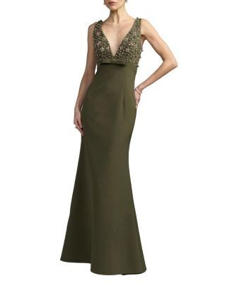 Mac Duggal Crepe Sleeveless Beaded V Neck Gown with Bow
