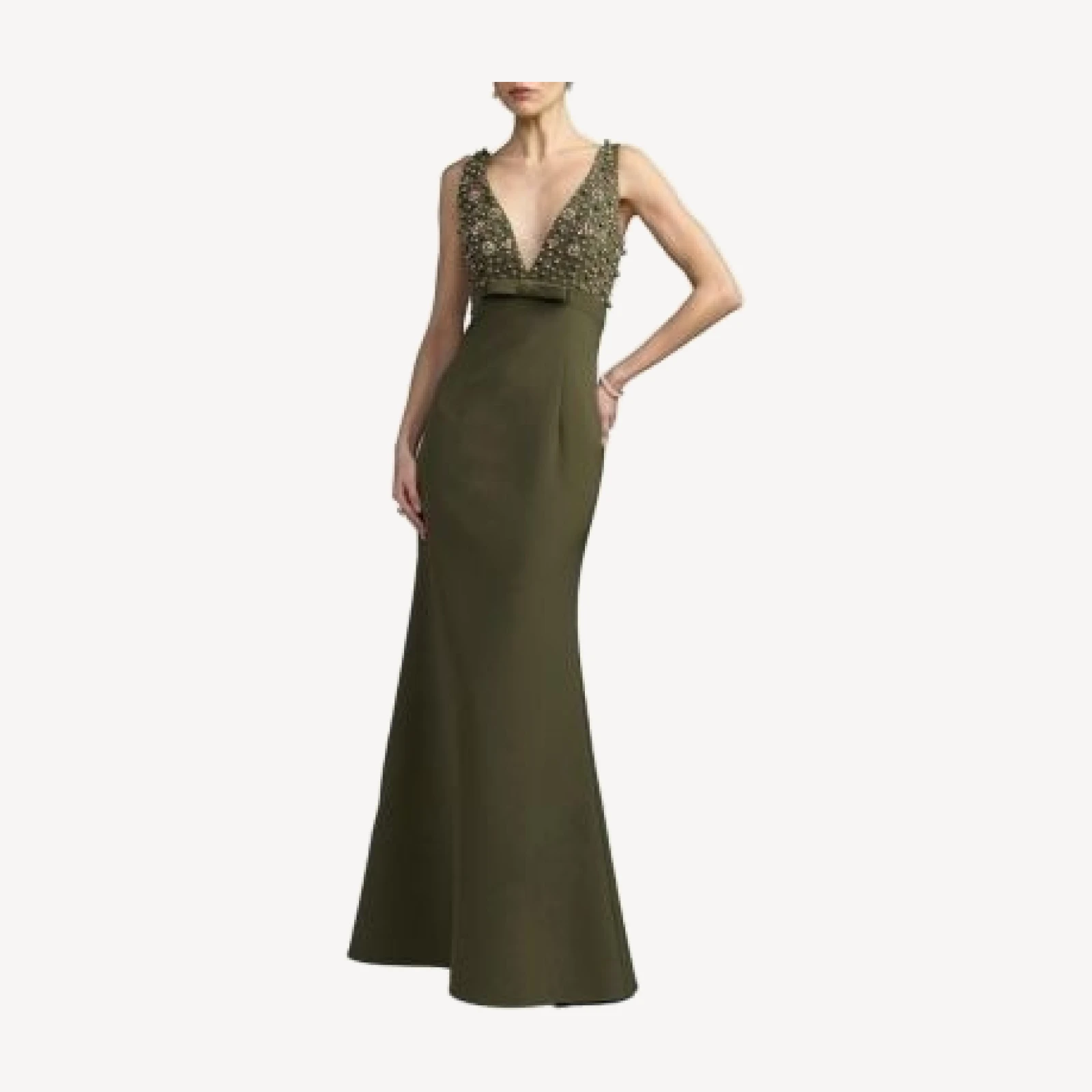 Mac Duggal Crepe Sleeveless Beaded V Neck Gown with Bow