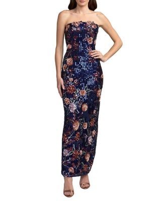 Mac Duggal Floral Sequin Mesh Strapless Column Ankle Dress