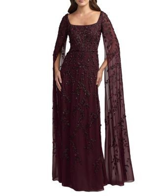 Mac Duggal Beaded Georgette Square Neck Cape Sleeve Gown