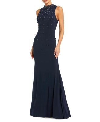 Mac Duggal High Neck Sleeveless Beaded Jersey Fitted Gown
