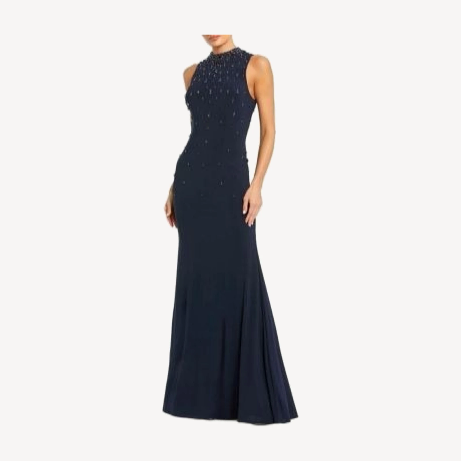 Mac Duggal High Neck Sleeveless Beaded Jersey Fitted Gown