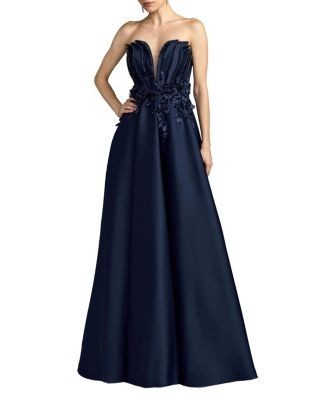 Mac Duggal Strapless Satin Floral Beaded Embellished Ballgown