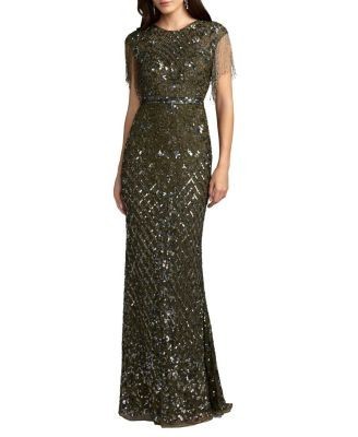 Mac Duggal Petite Beaded Fringe High-Neck Fitted Evening Gown