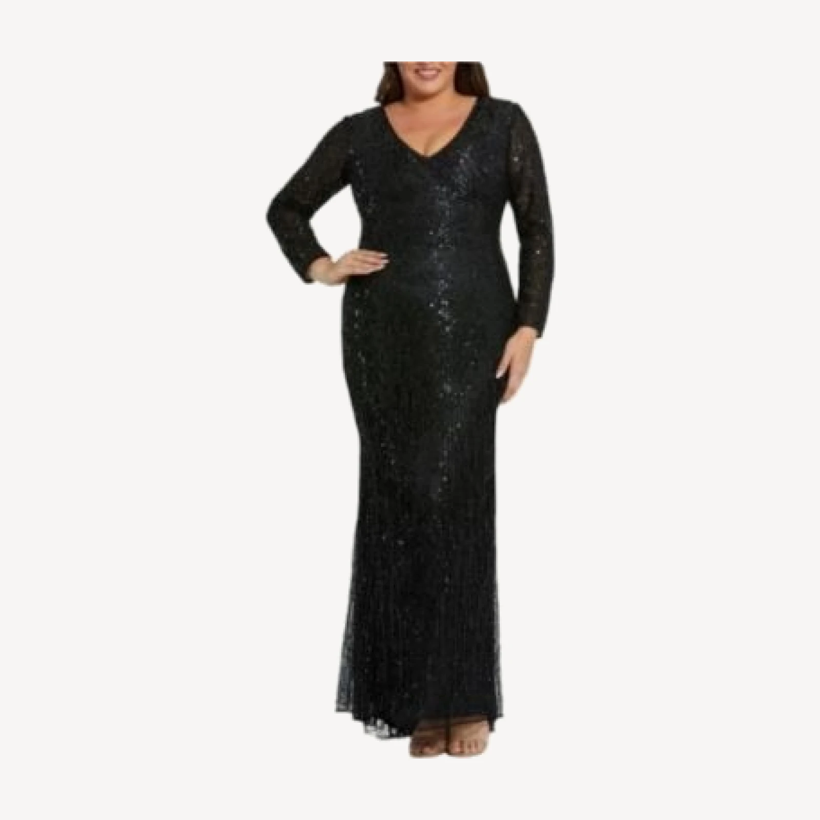 Mac Duggal Plus Long Sleeve V Beck Beaded Fringe Gown