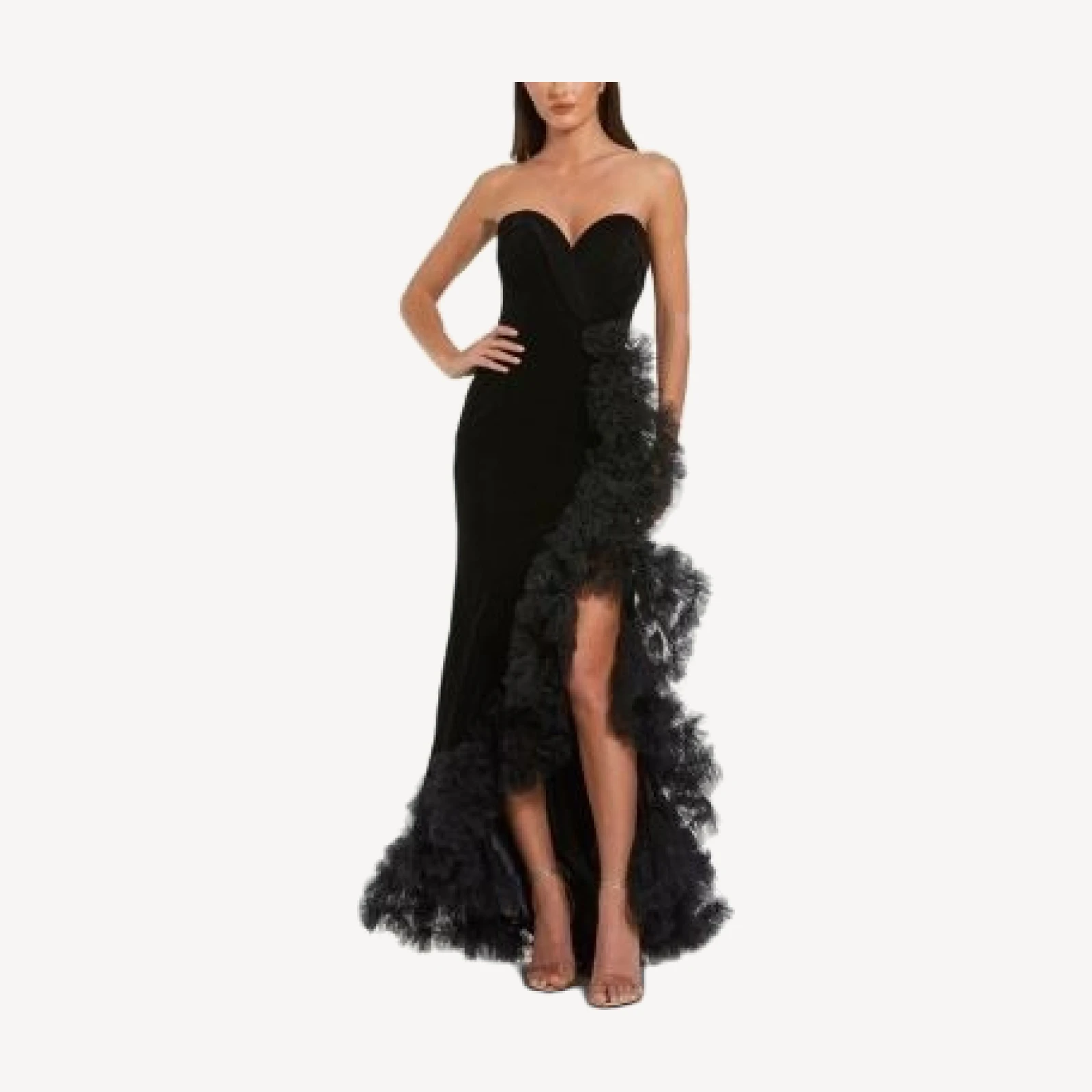 Mac Duggal Strapless Velvet Mermaid with Ruffle Slit Gown