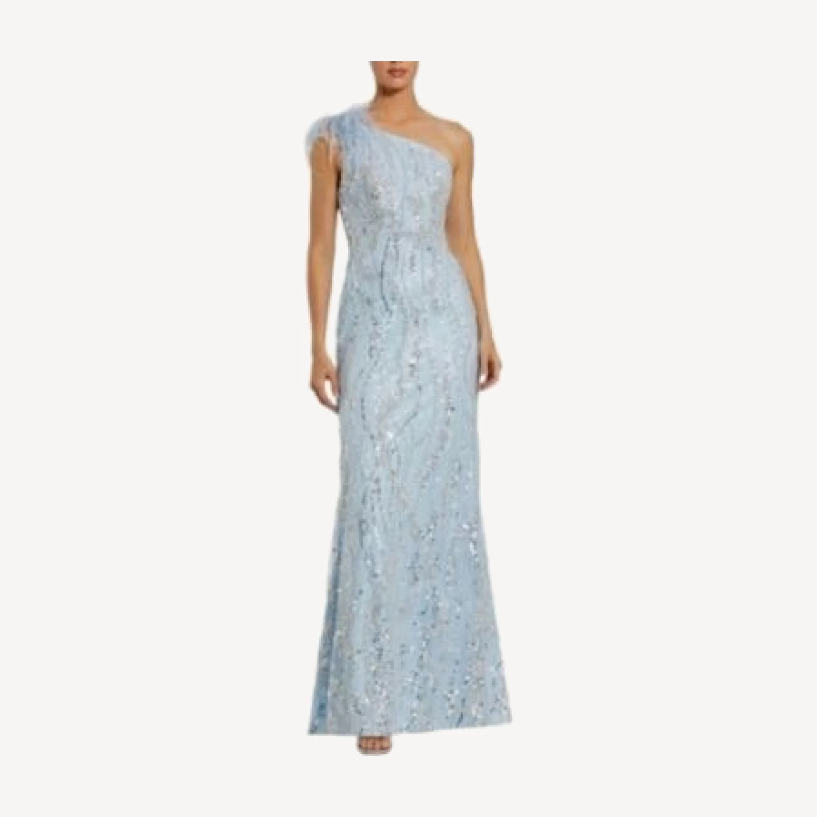 Mac Duggal Feathered One Shoulder Embroidered Applique Gown