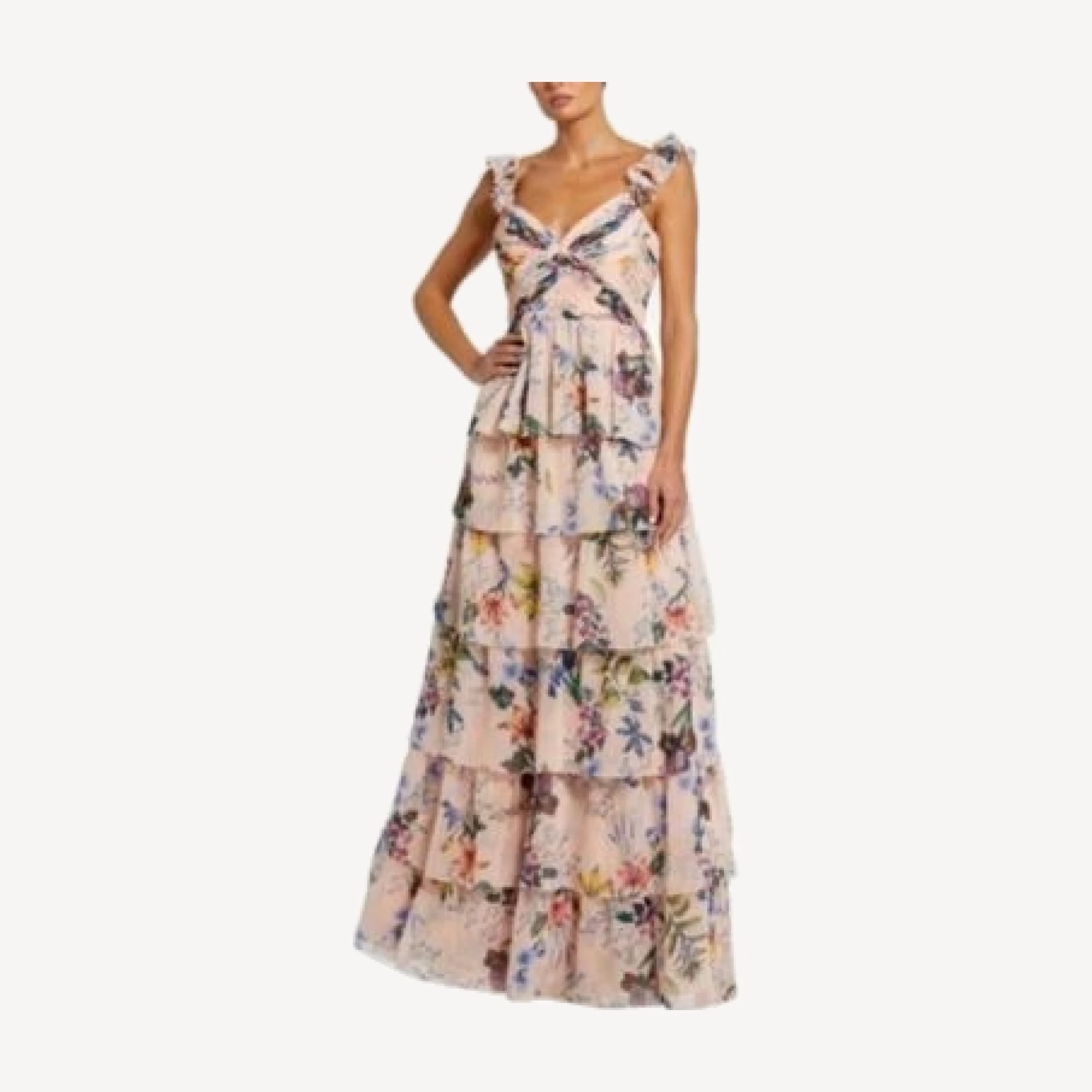 Mac Duggal Ruffle Sleeveless Chiffon Tiered Floral Print Gown
