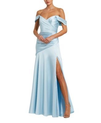 Mac Duggal Hard Satin Off the Shoulder Crossover Gown