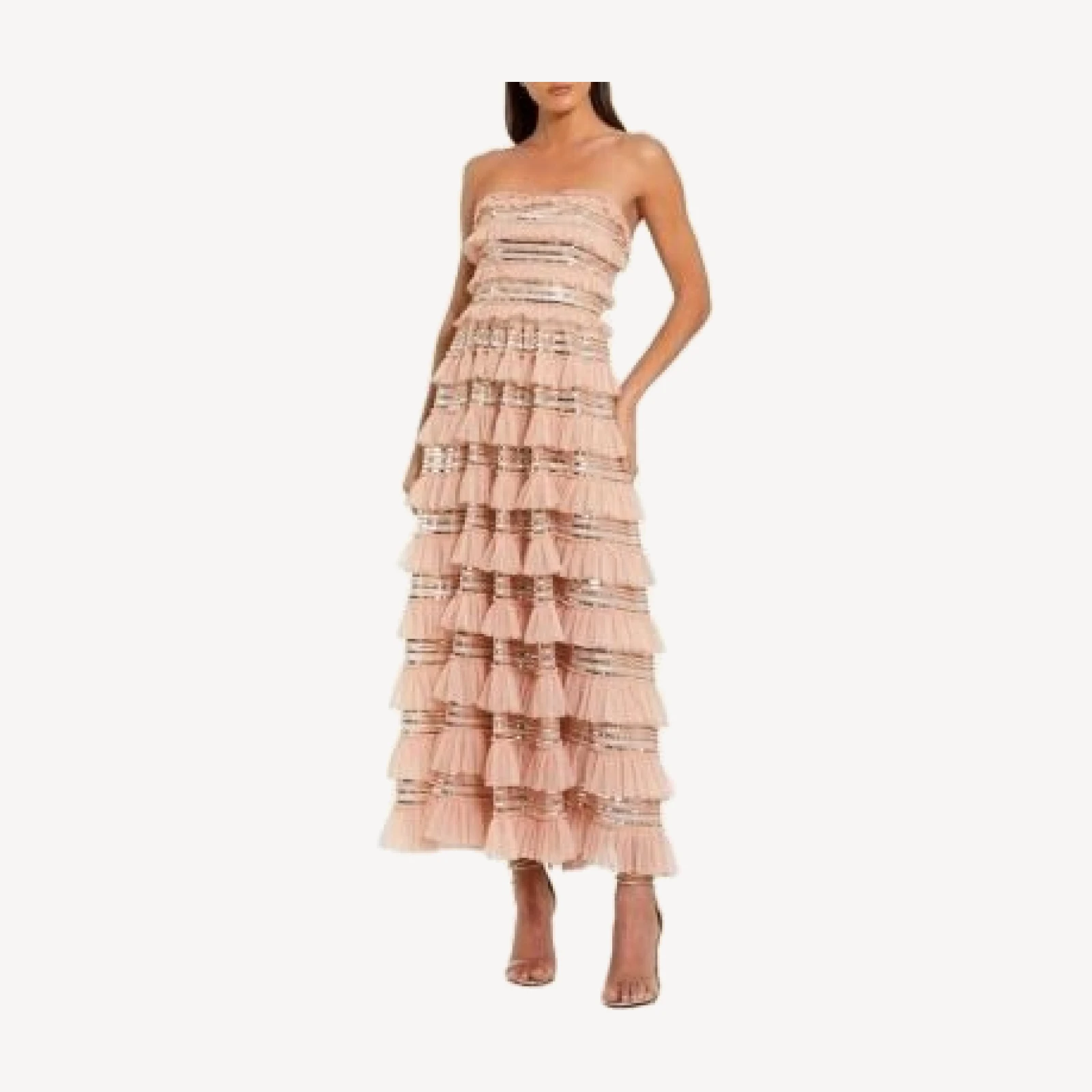 Mac Duggal Strapless Sequin Micro Ruffle Maxi Dress