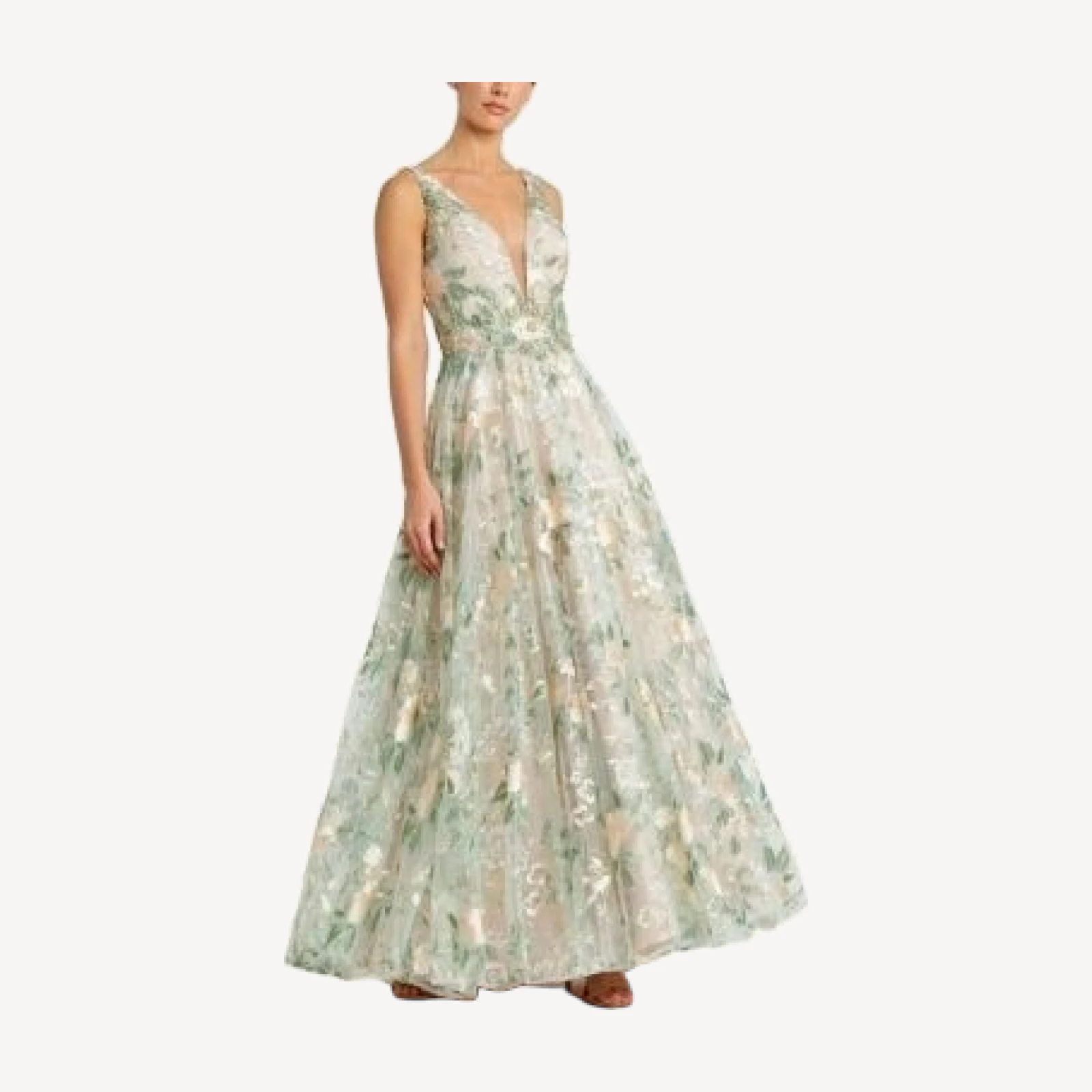 Mac Duggal Floral Embroidered Illusion V-Neck Gown